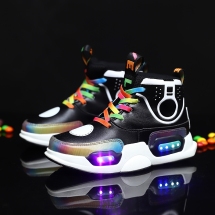 步行者鞋业儿童LED发光款，USB充电款高帮童靴带视频