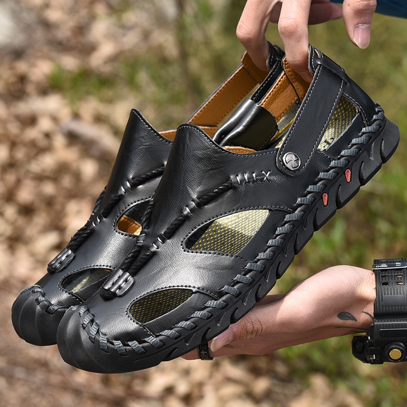 专利产品 跨境大码王者夏季爆款主推真皮手工缝线包头凉鞋沙滩鞋