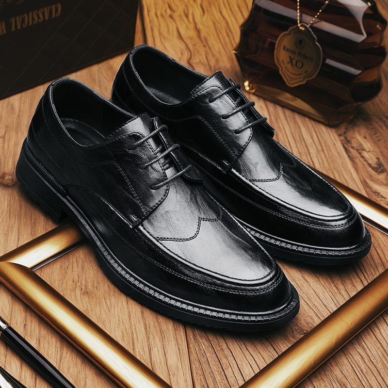 2020春季新款男士皮鞋英伦商务正装黑色宽版厚底增高休闲男鞋