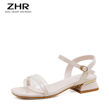 新款韩版时尚粗跟高跟女士凉鞋ins网红同款一字带凉鞋