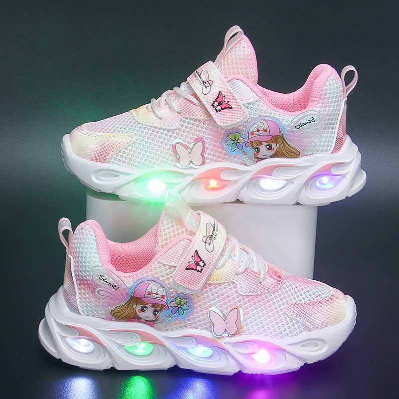 力健安W-6 女童网面透气新款带LED灯运动鞋