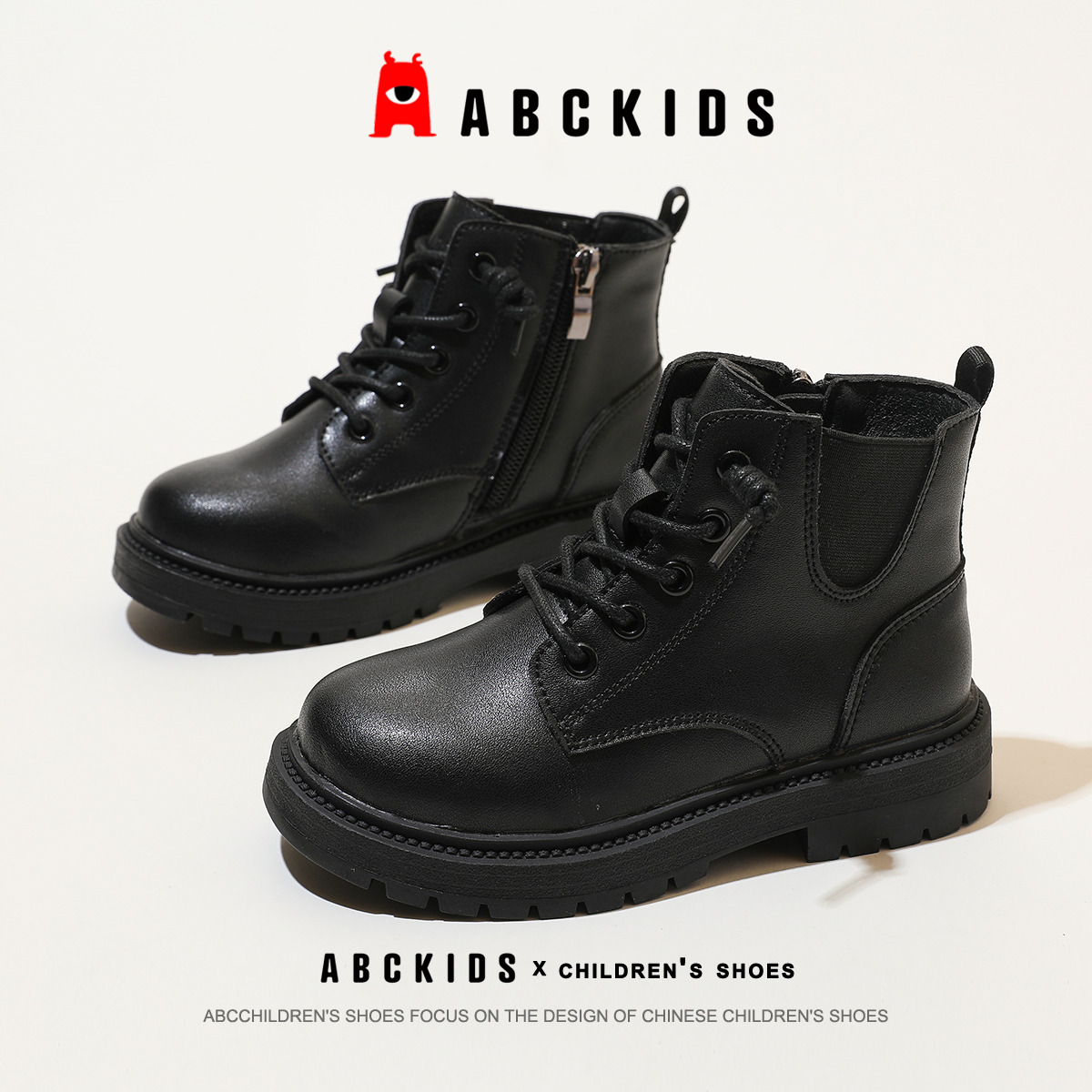 Abckids童鞋黑色马丁靴儿童皮面女童皮靴子2022最新款