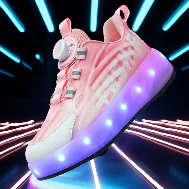 酷飞S881旋转纽扣暴走鞋儿童LED充电跑马灯