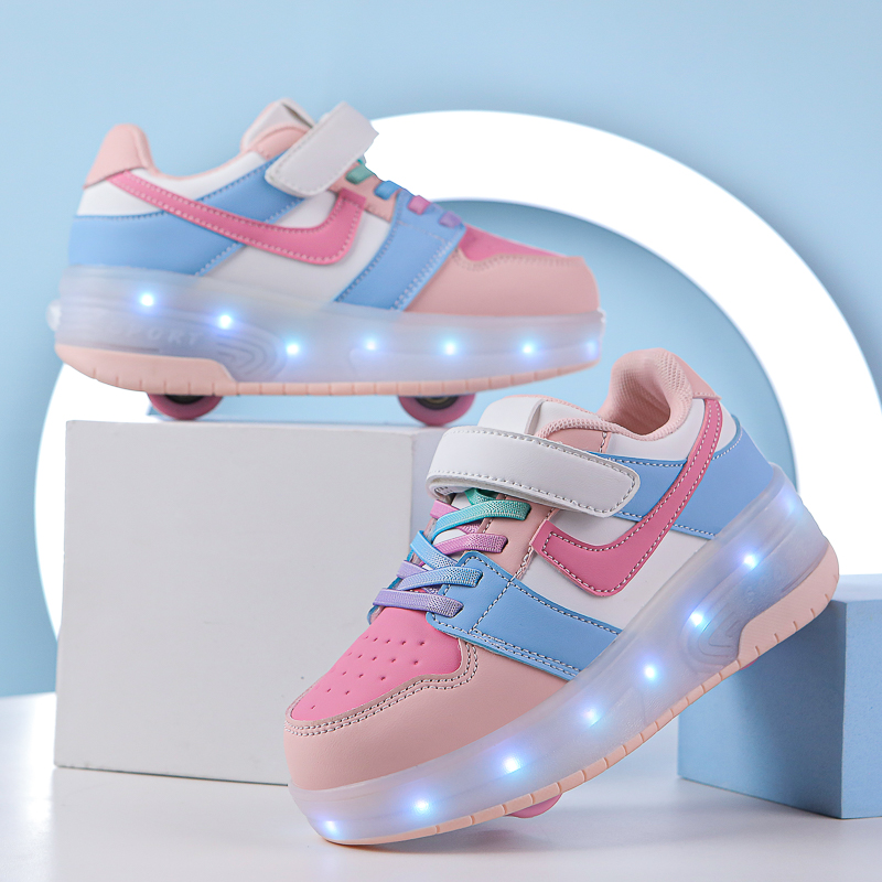 跨境外贸儿童LED超轻发光充电暴走鞋双轮男女童灯鞋轮子鞋滑轮