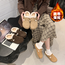 磨砂皮加绒加厚保暖休闲拼色搭扣包头款包头踩屎感舒适毛毛拖网红