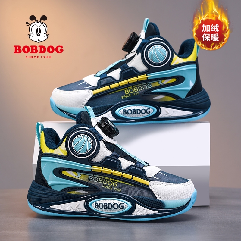 巴布豆T647冬季新款皮面加绒儿童运动篮球鞋28-39