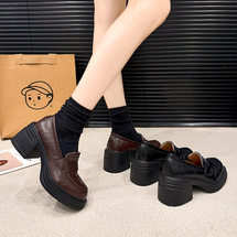 法式深口单鞋女2025新款英伦圆头高跟鞋粗跟厚底一脚蹬乐福鞋